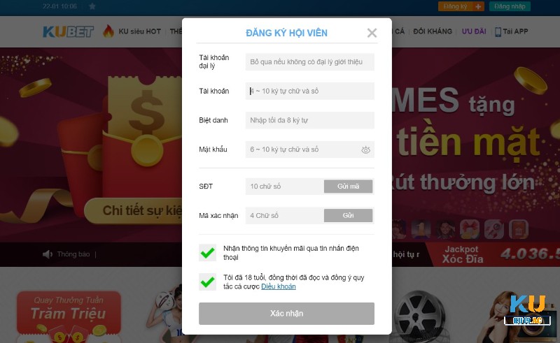Giao diện đăng ký tài khoản KUBET cho tân thủ